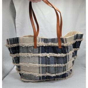 Sole Society Fabric Bucket Beach Bag Tote Blue Cream Striped